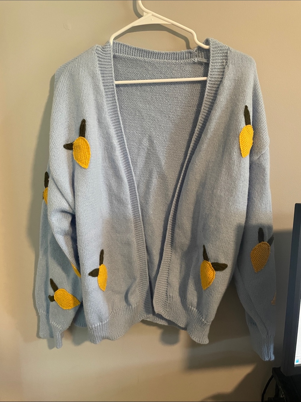 Amazon Light Blue Open Cardigan with Yellow Lemon Appliqués
